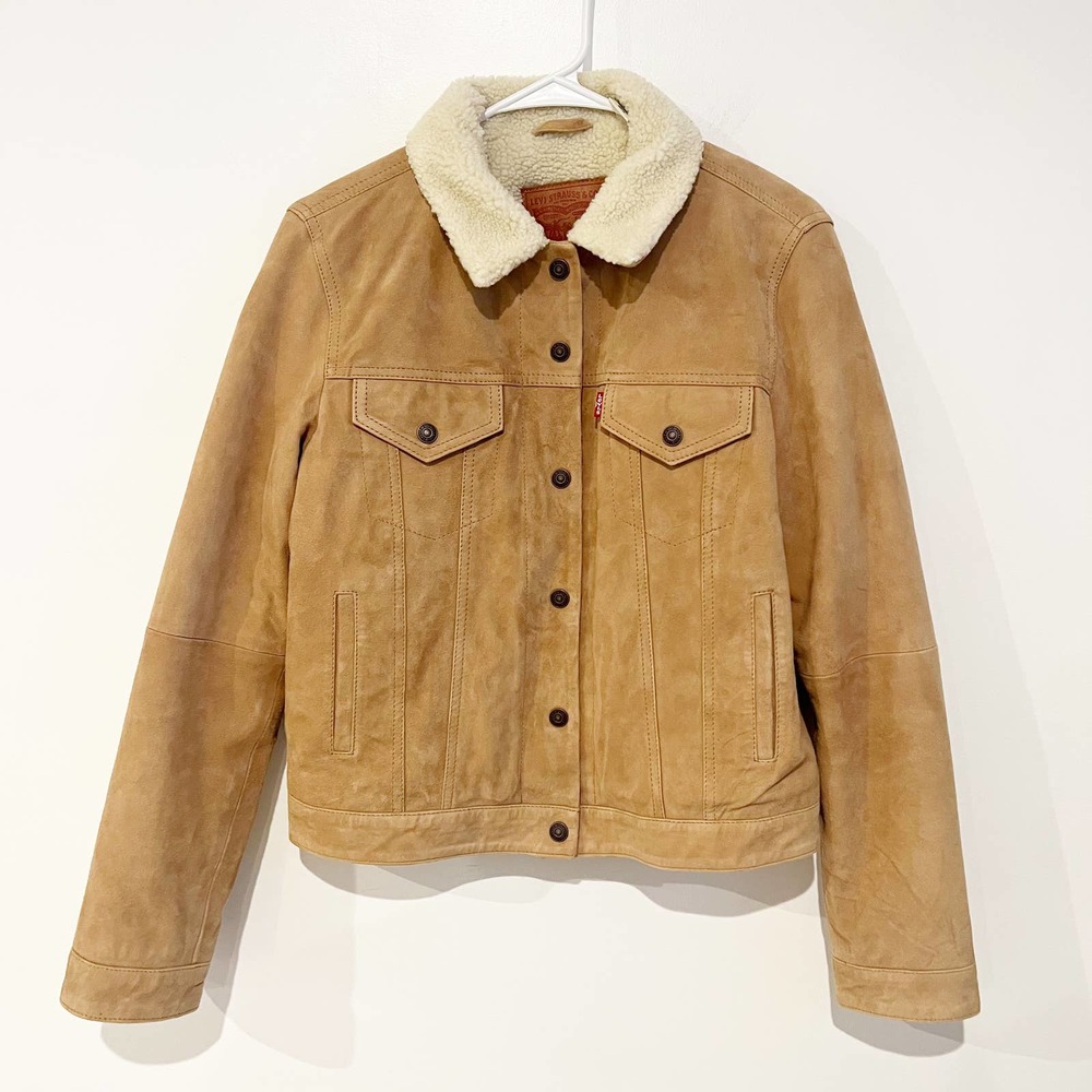 Levi's Goat Suede Tan Sherpa Lined Faux Fur Trucker Jacket Size medium